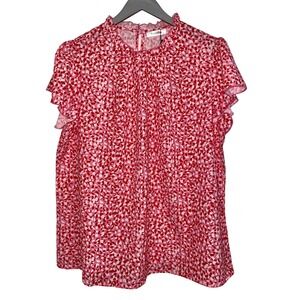 Simple Fun‎ Pink Red Printed Ruffle Flutter Short Sleeve Top Mock Neck Sz XL NWT